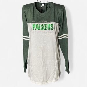 Green Bay Packers Rhinestone & Glitter Long Sleeve Shirt - Green/White - Size M